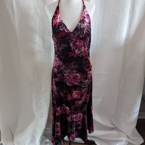 Le Chateau Velvet Dark Floral Halter Midi Dress Asymmetrical Hem XL Whimsigoth - Picture 1 of 13